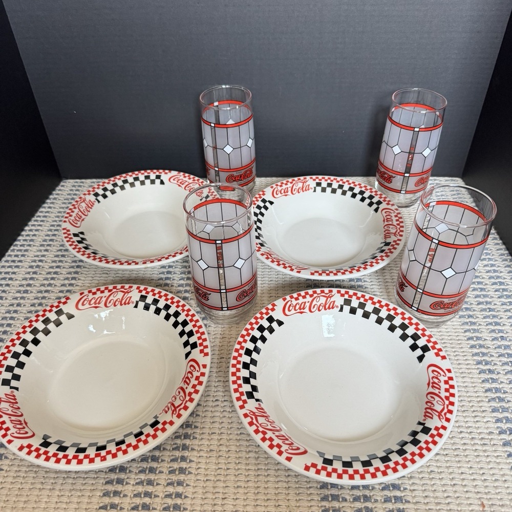 1996 Retro 50's Coca-Cola Gibson 4 Soup Bowls 8" + 4 Glasses In Red White Black